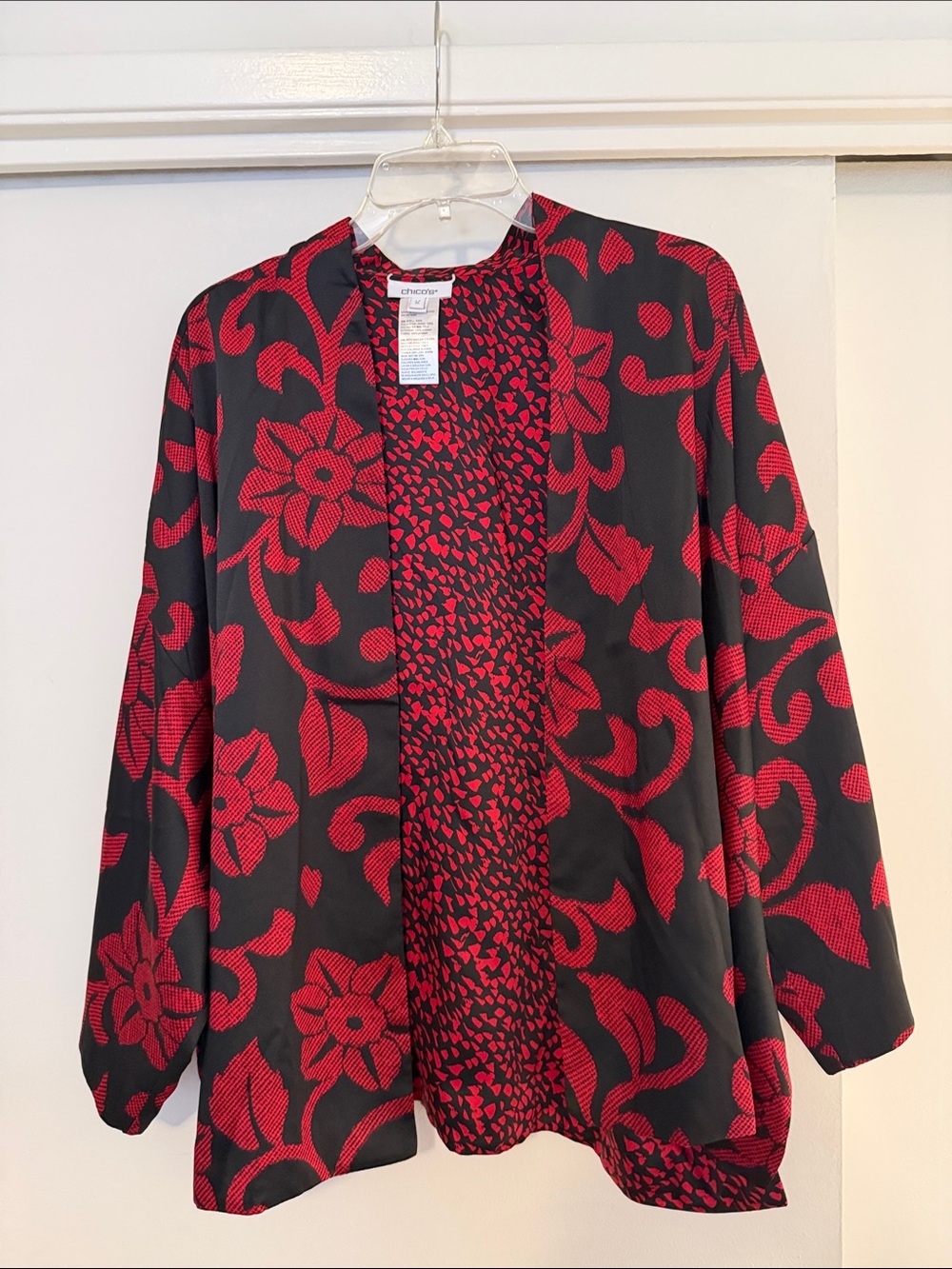 Chico's Black & Red Floral Open Front Jacket